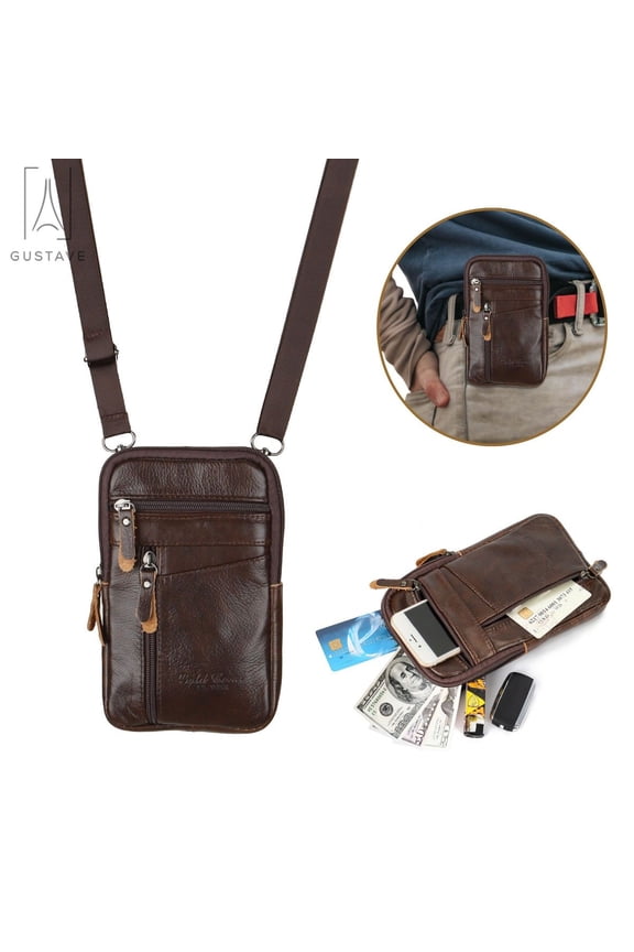 Men Leather Fashion Phone Pouch Belt Bag Shoulder Crossbody Bag Waist Pack Handbag Small Cell Phone Purse