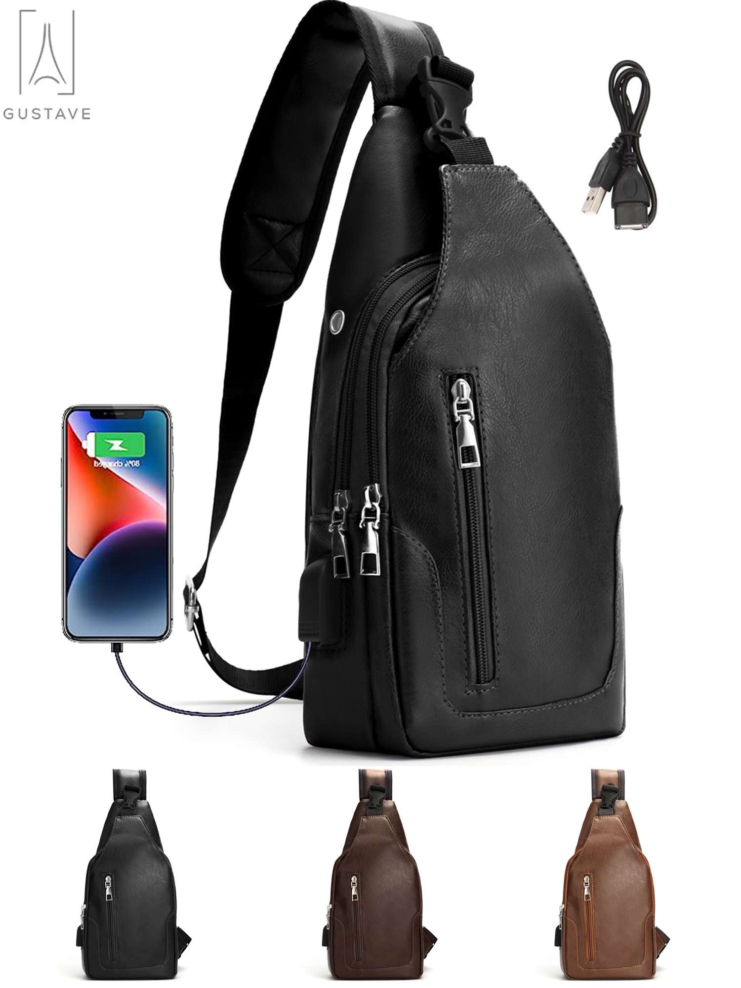 Men's Leather Sling Bag, Chest Shoulder Backpack, Waterproof Crossbody Bag Swith USB Charging Port