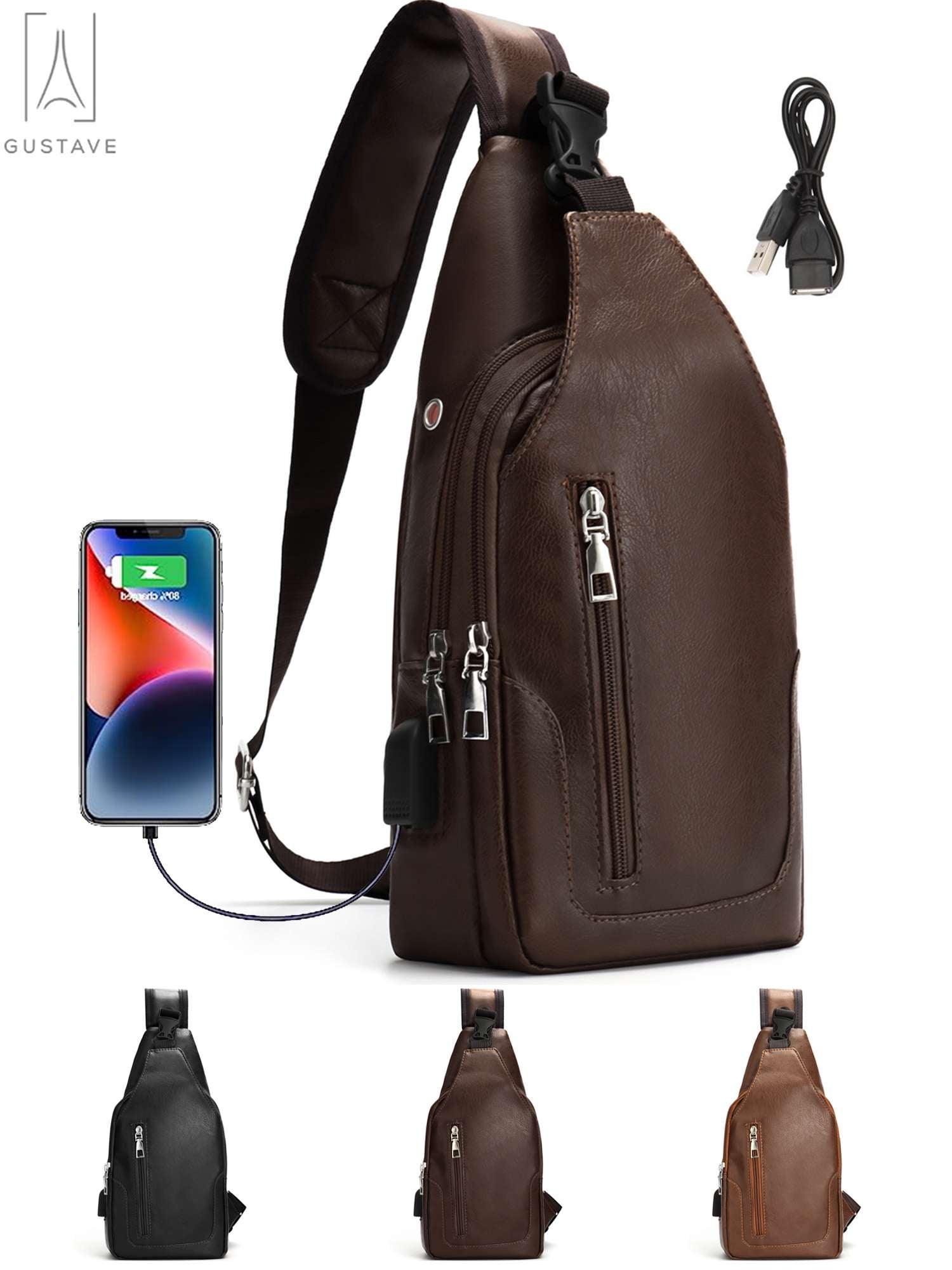 SYCNB Brown Leather Small Sling Crossbody Backpack Shoulder Bag for Men Women, Hiking Daypack Multipurpose Anti-Theft Cross Body Chest Bags, Mini One