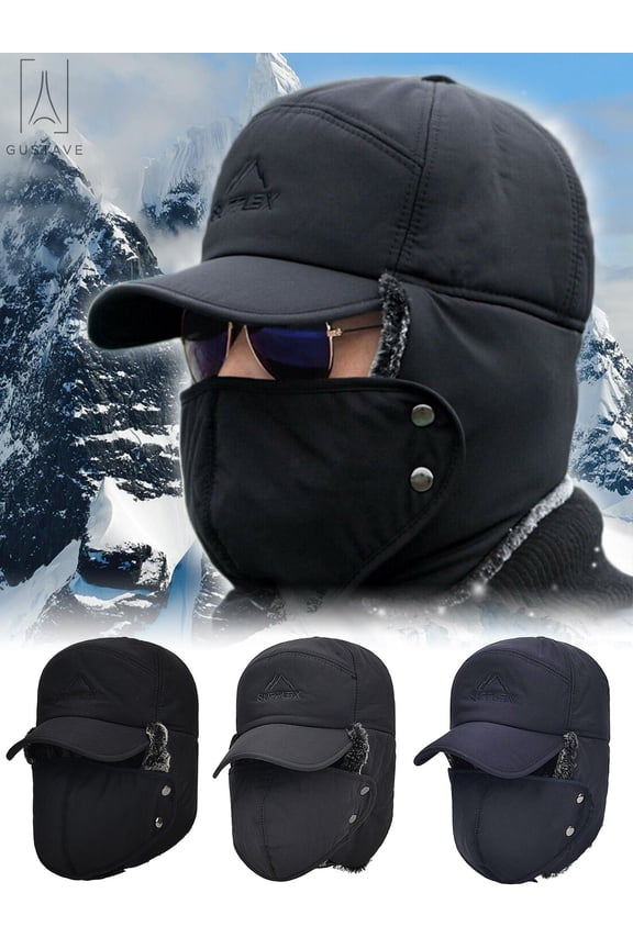 Men Women Trapper Hat Warm Windproof Trooper Hat with Ear Flaps Face Warmer Thermal Fur Lined Ski Cap "Navy"