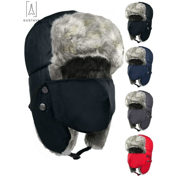 Gustave Men Women Winter Trapper Hat,Russian Windproof Ski Hat Faux Fur Lined Trapper Hat with Earflaps and Mask Warm Hunting Hats "Black"
