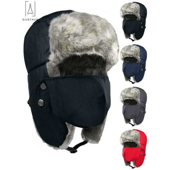 Gustave Men Women Winter Trapper Hat,Russian Windproof Ski Hat Faux Fur Lined Trapper Hat with Earflaps and Mask Warm Hunting Hats "Black"