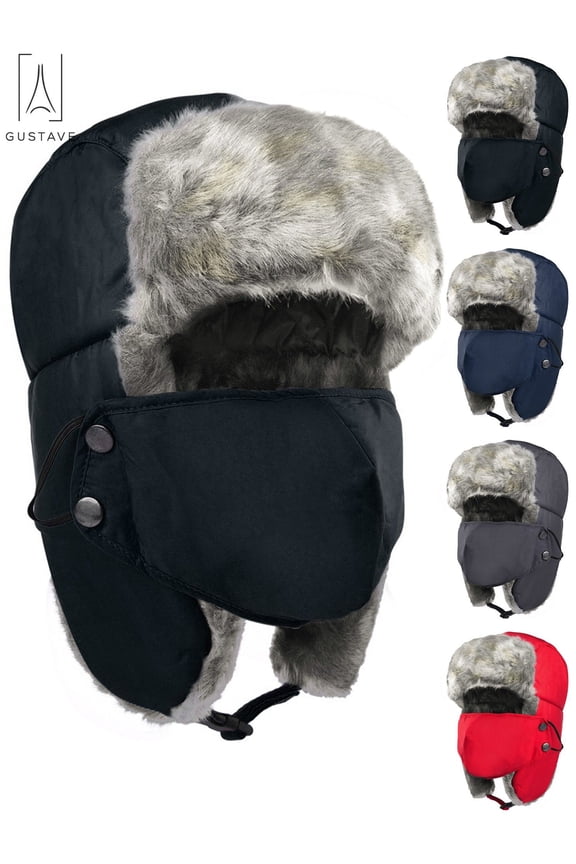 Men Women Winter Trapper Hat,Russian Windproof Ski Hat Faux Fur Lined Trapper Hat with Earflaps and Mask Warm Hunting Hats "Black"