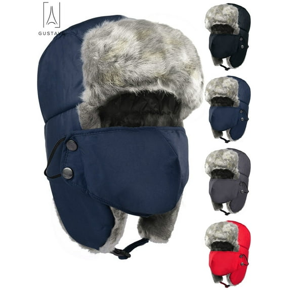 Gustave Men Women Winter Trapper Hat,Russian Windproof Ski Hat Faux Fur Lined Trapper Hat with Earflaps and Mask Warm Hunting Hats "Navy Blue"