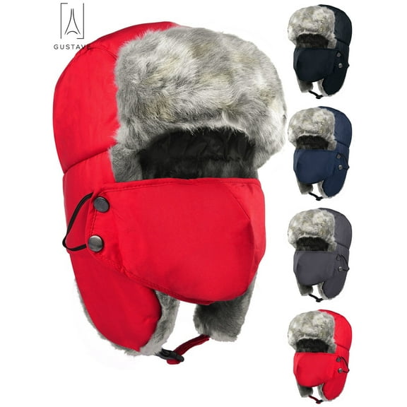 Gustave Men Women Winter Trapper Hat,Russian Windproof Ski Hat Faux Fur Lined Trapper Hat with Earflaps and Mask Warm Hunting Hats "Red"