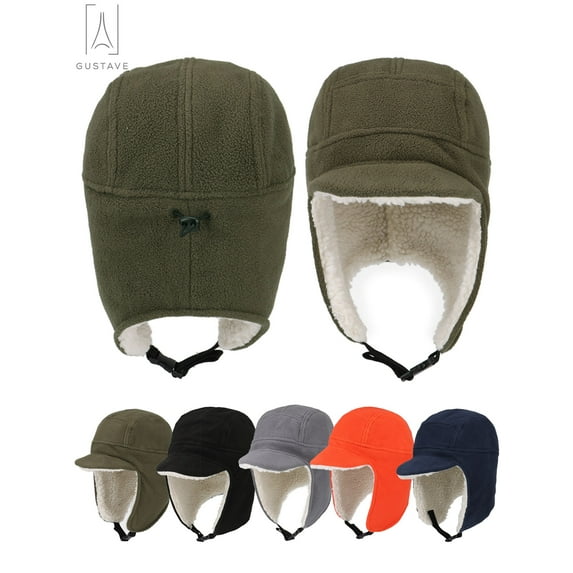 Gustave Men's Fleece Warm Winter Earflap Hats With Visor Windproof Trapper Hunting Hat, Russian Earflap Snow Ski Caps "Green"