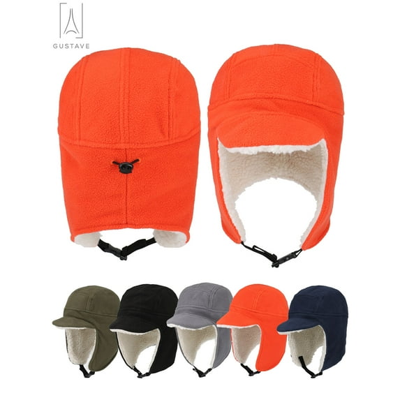 Gustave Men's Fleece Warm Winter Earflap Hats With Visor Windproof Trapper Hunting Hat, Russian Earflap Snow Ski Caps "Orange"