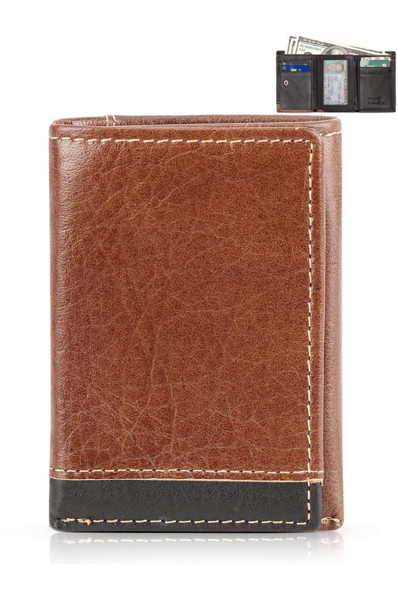 Men's Leather Trifold Wallets RFID Blocking Zipper Slim Wallet Purse with Credit Card Holder Slots, ID Window - Brown