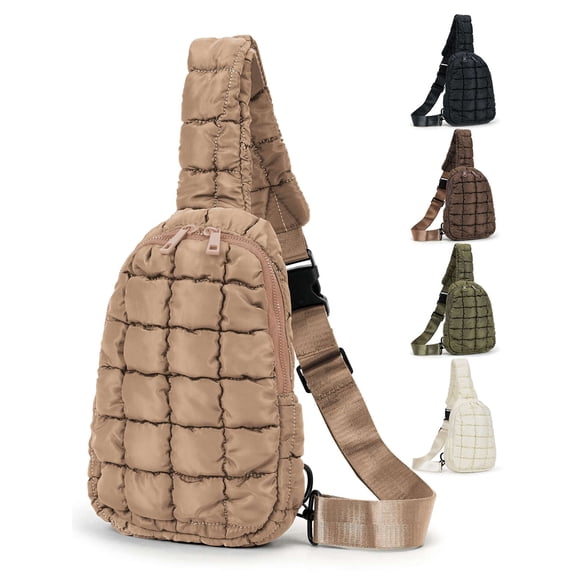 Gustave Quilted Puffer Sling Bag for Women Men Small Crossbody Purse Sling Backpck Lightweight Chest Bag Fanny Pack with Adjustable Shoulder Strap for Daily Travel Hiking - Khaki