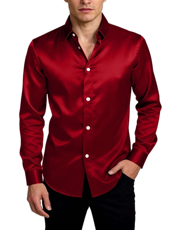 Men's Silk Satin Dress Shirts Shiny Long Sleeve Button Down Shirts for Casual Business Disco Prom Party Wedding(Red, L)