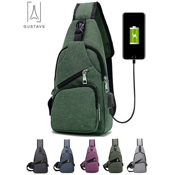 Gustave Men's Sling Daypack Crossbody Chest Backpack with USB Port for Travel or Hiking - Green