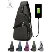 Gustave Men's Sling Daypack Crossbody Chest Backpackwith USB Charger Port for Travel or Hiking - Black(6.3"*2.7"*12.6")