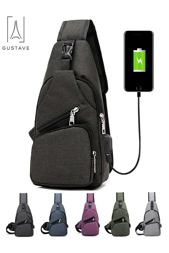 Men's Sling Daypack Crossbody Chest Backpackwith USB Charger Port for Travel or Hiking - Black