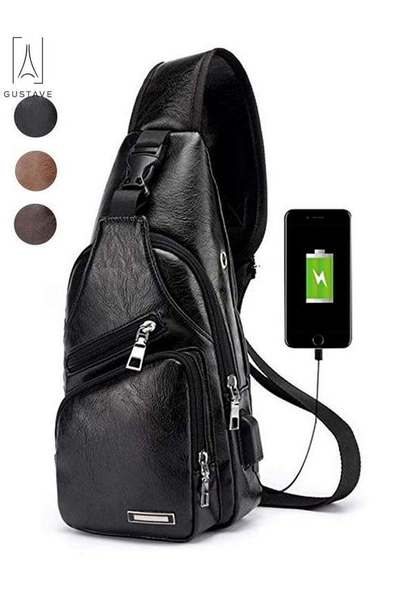 Men's USB Charging Waterproof Leather Crossbody Sling Bag, Black
