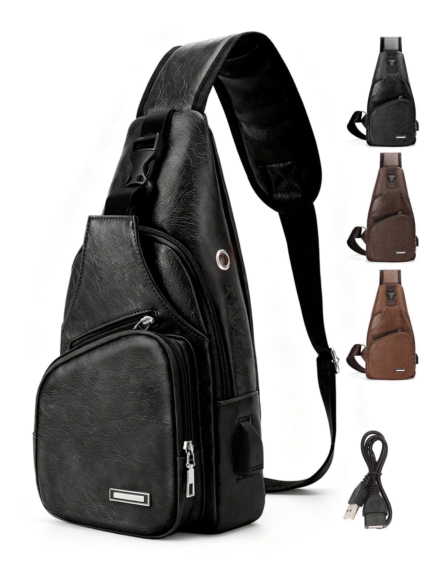 Men's USB Charging Waterproof Leather Crossbody Sling Bag, Black