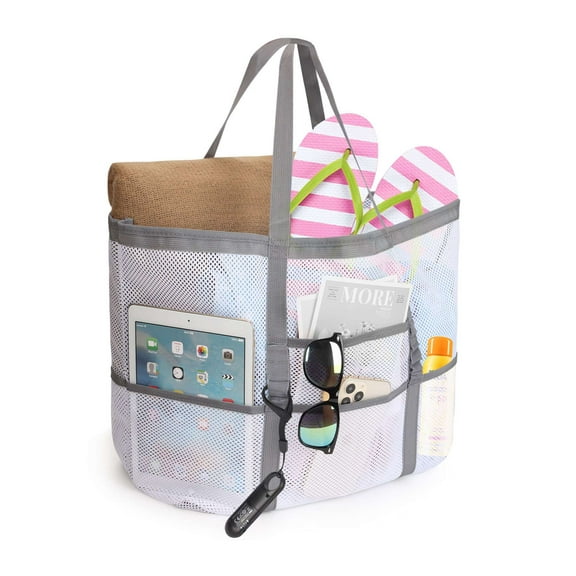 Gustave Mesh Beach Tote Bag Large Shoulder Handbag for Women, Foldable Swimming Pool Bag Grocery Bag with 9 Pockets for Family Vacation Essentials "White"