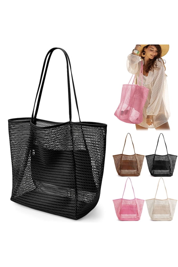 Mesh Tote Beach Bag for Women Summer Casual Hobo Pool Bags Large Foldable Sandproof Shoulder Handbag for Travel Beach Picnic Vacation - Black