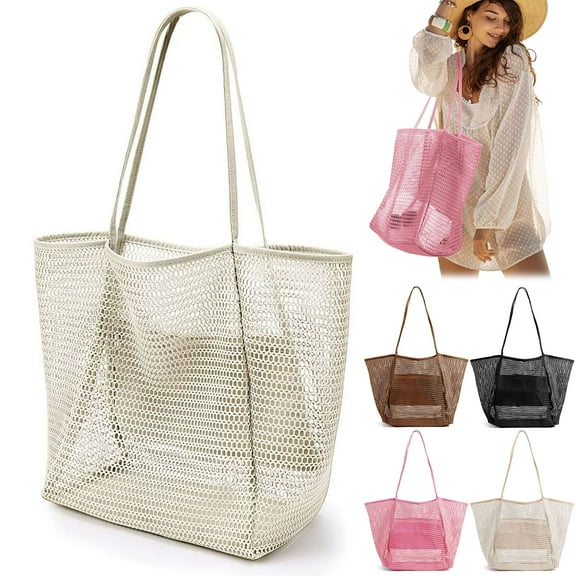 Gustave Mesh Tote Beach Bag for Women Summer Casual Hobo Pool Bags Large Foldable Sandproof Shoulder Handbag for Travel Beach Picnic Vacation - White