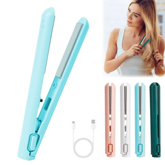 Gustave Mini Flat Iron Hair Straightener and Curler 2 in 1 Portable Travel Cordless Curling Iron USB Powered Small Hair Curler Wand for Women Men - Blue
