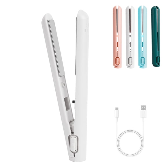 Gustave Mini Flat Iron Hair Straightener and Curler 2 in 1 Portable Travel Cordless Curling Iron USB Rechargeable Small Hair Curler Wand for Women Men - White