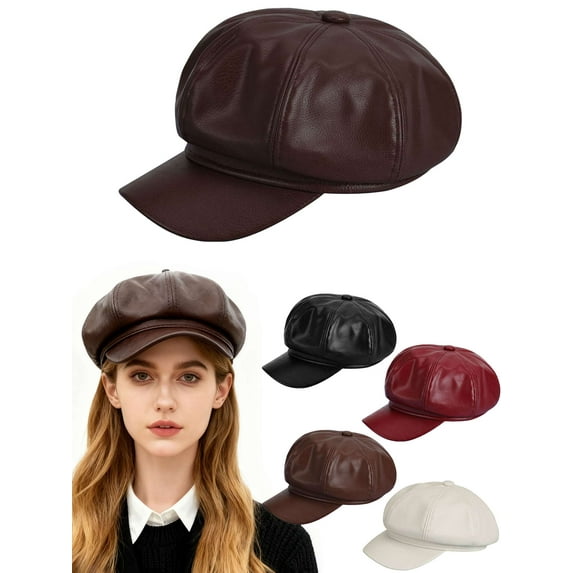 Gustave Newsboy Hats for Women PU Lether Beret Hat Vintage Visor Gatsby Ivy Caps Fashion Octagonal Cabbie Painter Hat, Brown
