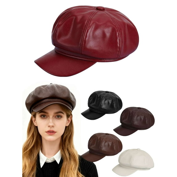 Gustave Newsboy Hats for Women PU Lether Beret Hat Vintage Visor Gatsby Ivy Caps Fashion Octagonal Cabbie Painter Hat, Red