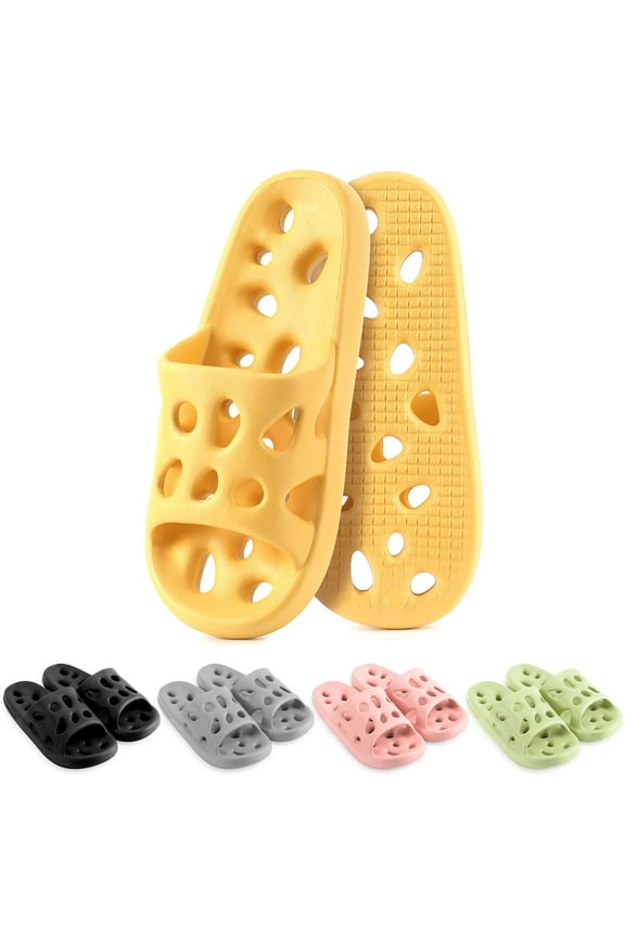 Non Slip Shower Slippers for Men Women, Quick Drying Bathroom Sandals Slides with Holes, Open Toe Soft Shower Shoes for Indoor House Beach Pool, Yellow, Women 4-5 / Men 3-4
