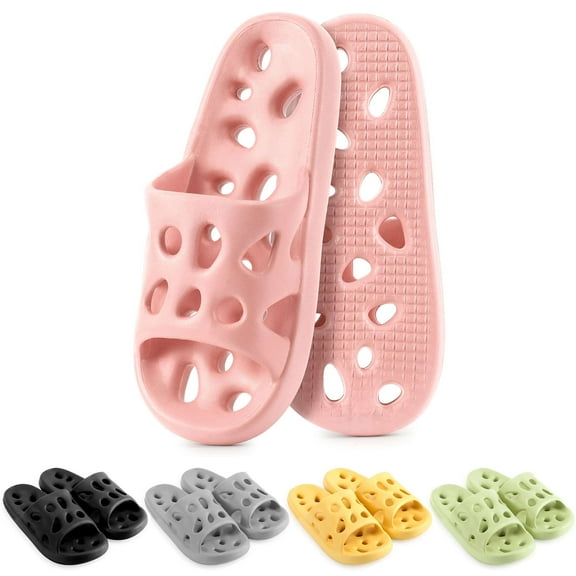Gustave Non Slip Shower Slippers for Men Women, Quick Drying Bathroom Sandals Slides with Holes, Open Toe Soft Shower Shoes for Indoor House Beach Pool, Pink, Women 4-5 / Men 3-4