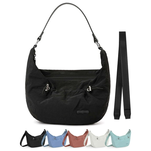 Gustave Nylon Crescent Crossbody Bag for Women Slouchy Shoulder Messenger Satchel Purse Zipper Hobo Handbag Dumpling Bags with 2 Shoulder Strap - Black