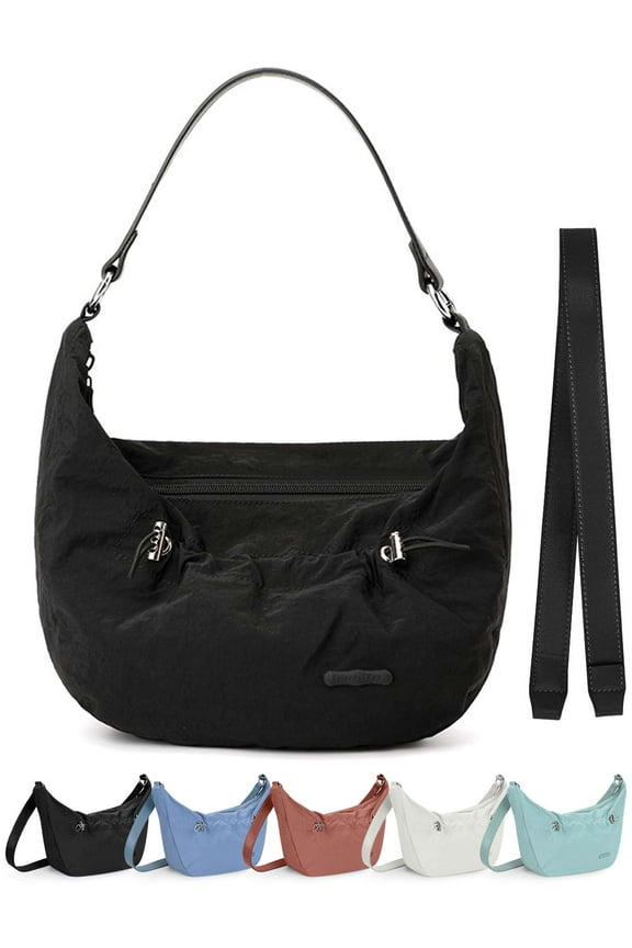 Nylon Crescent Crossbody Bag for Women Slouchy Shoulder Messenger Satchel Purse Zipper Hobo Handbag Dumpling Bags with 2 Shoulder Strap - Black