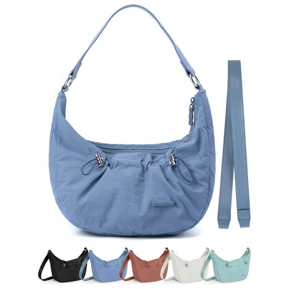 Gustave Nylon Crescent Crossbody Bag for Women Slouchy Shoulder Messenger Satchel Purse Zipper Hobo Handbag Dumpling Bags with 2 Shoulder Strap - Blue