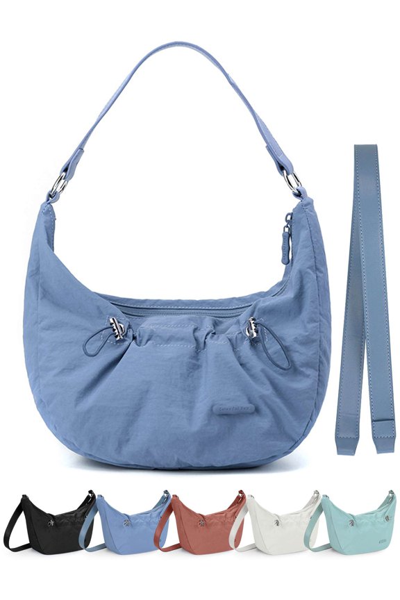 Nylon Crescent Crossbody Bag for Women Slouchy Shoulder Messenger Satchel Purse Zipper Hobo Handbag Dumpling Bags with 2 Shoulder Strap - Blue