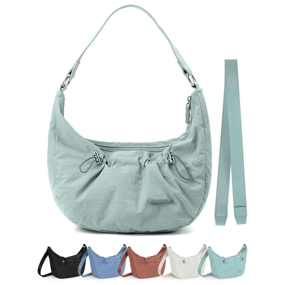 Gustave Nylon Crescent Crossbody Bag for Women Slouchy Shoulder Messenger Satchel Purse Zipper Hobo Handbag Dumpling Bags with 2 Shoulder Strap - Cyan