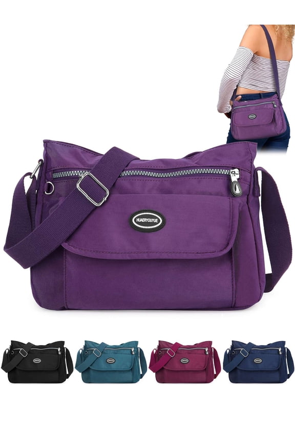 Nylon Crossbody Bag for Women Waterproof Shoulder Handbag Purse Lightweight Casual Travel Messenger Satchel Bags Multi Zipper Pockets "Purple"