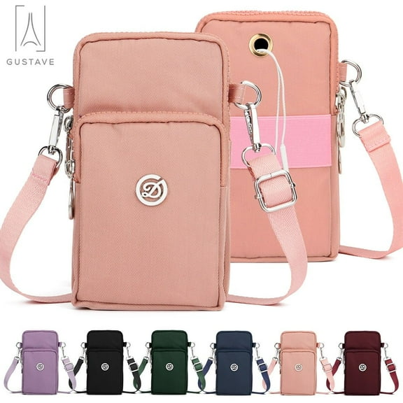 Gustave Nylon Crossbody Cell Phone Bag for Women, Mini Shoulder Handbag Wallet Card Hold Purse Adjustable Armband Phone Bag for iPhone 12 11 Pro Max XR XS X Galaxy Huawei, Pink