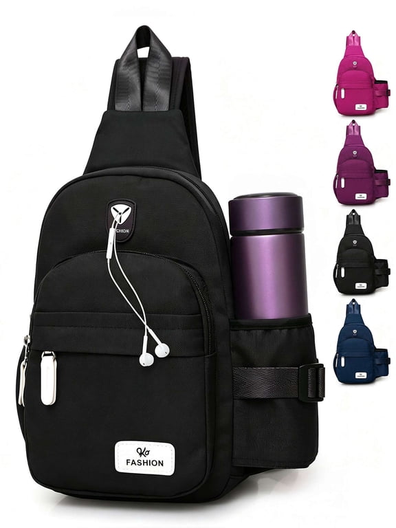 Nylon Crossbody Sling Bag for Women Men Anti-Theft Lightweight Shoulder Chest Bag Sling Daypack Multi Pockets with Water Bottle Holder for Casual Travel Hiking - Black