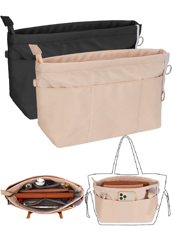 Nylon Purse Organizer Insert with Zipper for Handbags Tote Bags, Bag in Bag Handbag Shaper Insert with 13 Pockets, Fits Speedy Neverfull Tote