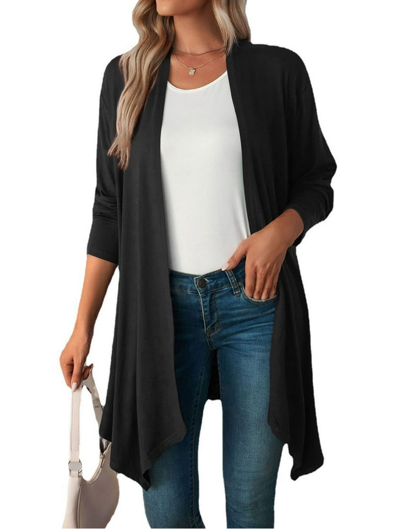 Gustave Lightweight Black Loose Fit Open Front Draped Cardigan for