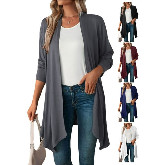 Gustave Open Front Draped Cardigan for Women Casual Long Sleeve Duster Cardigans Lightweight Solid Sweater Outwear "Gray, S"
