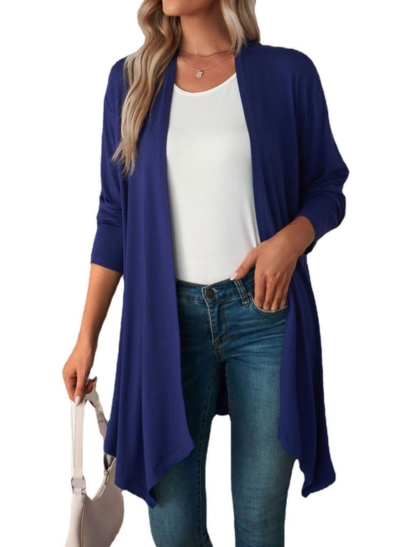 Open Front Draped Cardigan for Women Casual Long Sleeve Duster Cardigans Lightweight Solid Sweater Outwear "Navy Blue, S"