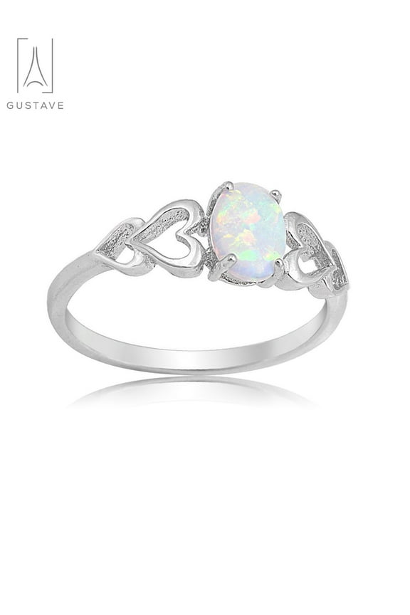 Oval White Fire Opal Ring 925 Sterling Silver Gemstone Jewelry Love Heart Cutout Promise Ring For Women -Size 7