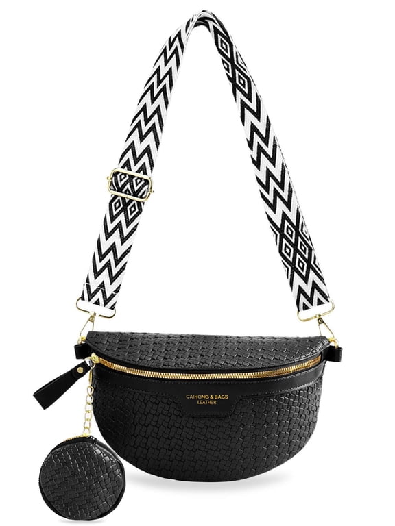 PU Leather Crossbody Bag for Women, Trendy Woven Fanny Pack Belt Bum Bag Shoulder Sling Purse with Adjustable Guitar Strap - Black