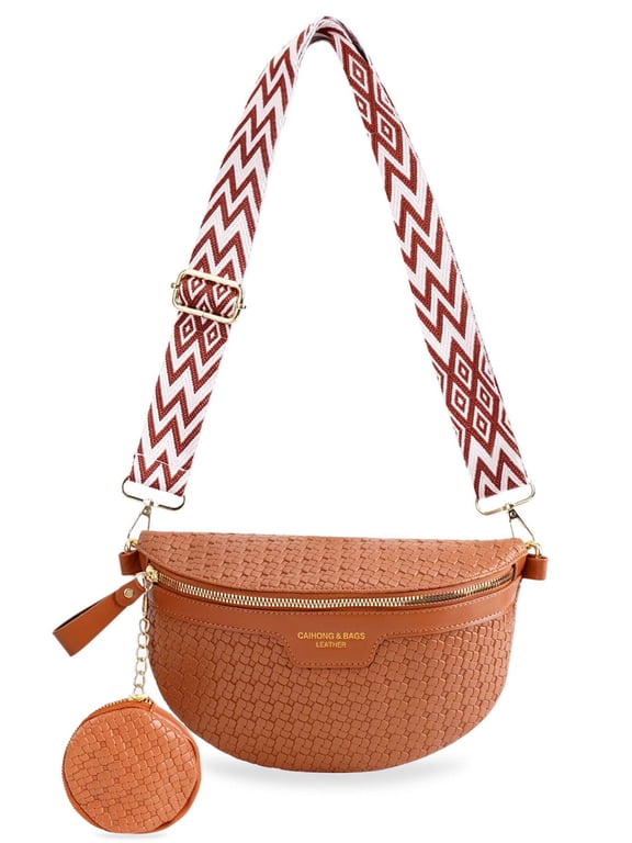 PU Leather Crossbody Bag for Women, Trendy Woven Fanny Pack Belt Bum Bag Shoulder Sling Purse with Adjustable Guitar Strap - Coffee
