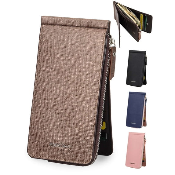 Gustave PU Leather Slim Wallets for Wome Men Credit Card Holder Bifold Wallet Long Clutch Purse Handbag with Cell Phone Cash Coin Zipper Pocket - Brown