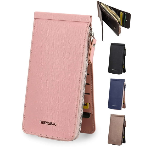 Gustave PU Leather Slim Wallets for Wome Men Credit Card Holder Bifold Wallet Long Clutch Purse Handbag with Cell Phone Cash Coin Zipper Pocket - Pink