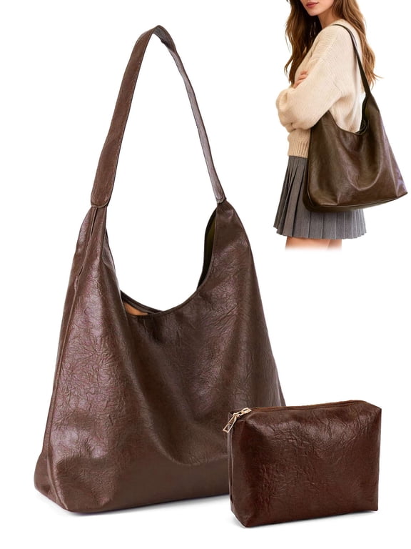 PU Leather Tote Bag for Women Slouchy Hobo Shoulder Bag Soft Large Capacity 2Pcs Tote Handbag Purse for Travel Work - Brown