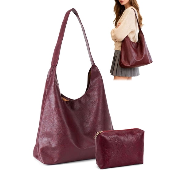 Gustave PU Leather Tote Bag for Women Slouchy Hobo Shoulder Bag Soft Large Capacity 2Pcs Tote Handbag Purse for Travel Work - Red