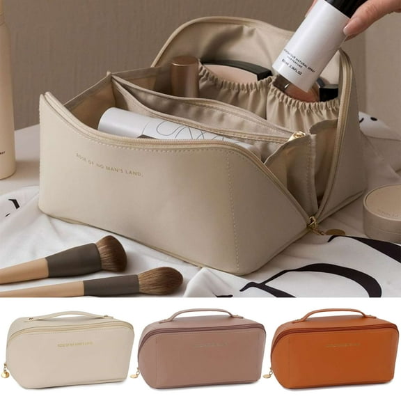 Gustave PU Leather Travel Makeup Bag Women Large Capacity Open Flat Cosmetic Bag Portable Zipper Skincare Organizer Bag Waterproof Toiletry Bags with Handle "White"
