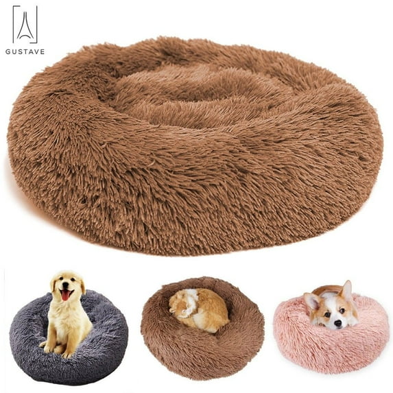 Gustave Pet Dog Calming Bed, Self-Warming Round Cushion Bed, Luxurious Faux Fur Donut Cuddler Soft Plush Comfortable for Sleeping "Brown, 50CM"