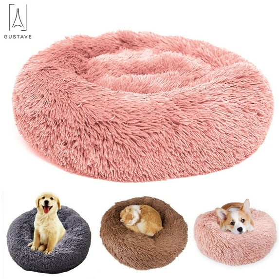Gustave Pet Dog Calming Bed, Self-Warming Round Cushion Bed, Luxurious Faux Fur Donut Cuddler Soft Plush Comfortable for Sleeping "Pink, 60CM"